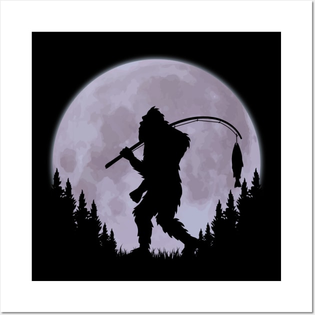 Bigfoot Fishing Moon Funny Sasquatch And Fish Wall Art by Tesszero